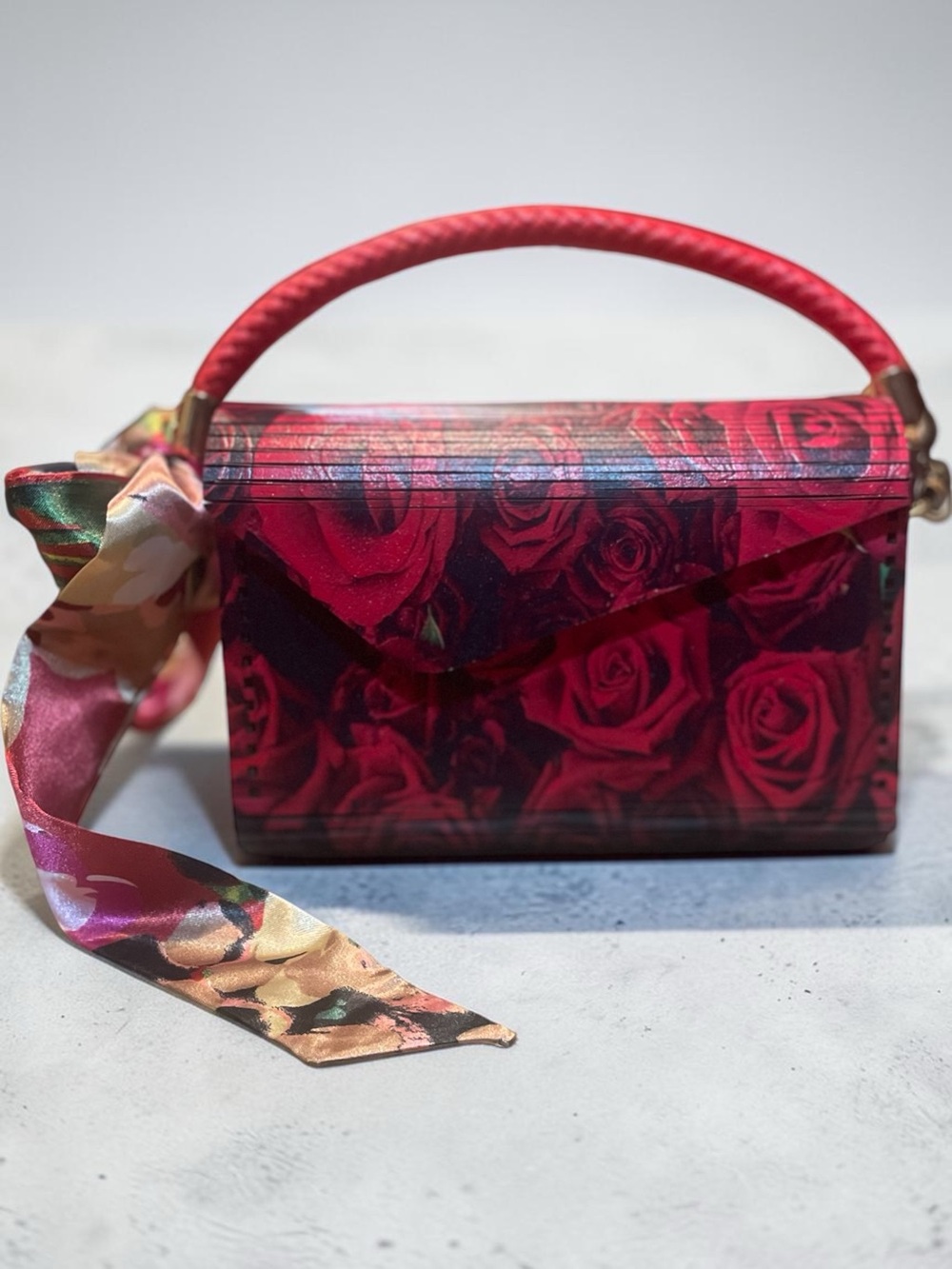 Handmade Red Rose Print Top-Handle Wood Bag with Floral Scarf